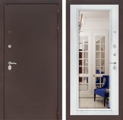 Металлическая дверь Лабиринт CLASSIC антик медный с Зеркалом Фацет - Белый софт