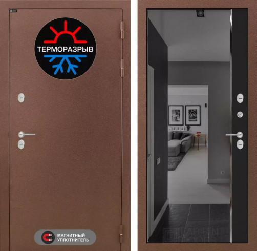 Металлическая дверь Лабиринт Термо Магнит с зеркалом Панорама с тонировкой - Черный кварц