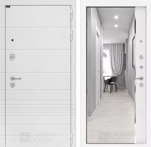 Металлическая дверь в квартиру Лабиринт Трендо с зеркалом Панорама - Белый софт