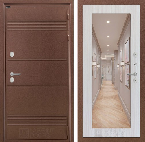 Металлическая дверь в дом Лабиринт Термо Лайт с Зеркалом 18 - Сандал белый