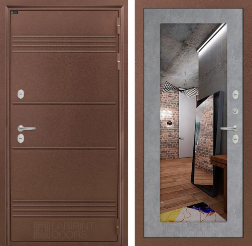 Металлическая дверь в дом Лабиринт Термо Лайт с Зеркалом 18 - Бетон светлый