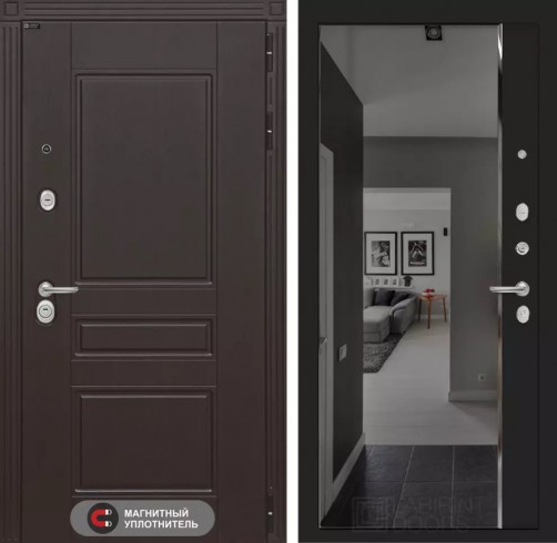 Металлическая входная дверь в квартиру Мегаполис с зеркалом Панорама с тонировкой - Черный кварц