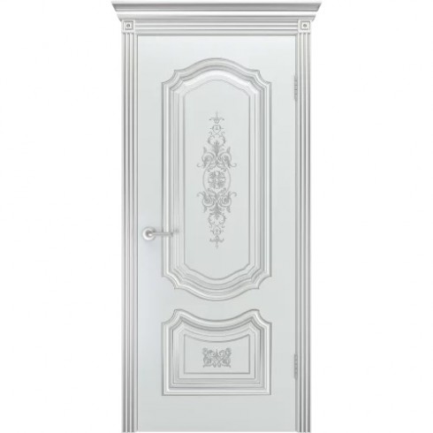Межкомнатная дверь Соло R-0 В3 ДГ, белая эмаль патина серебро