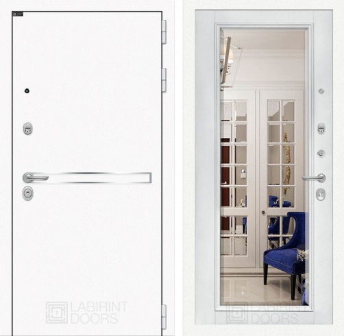 Металлическая входная дверь в квартиру Лайн WHITE с зеркалом Фацет - Белый софт