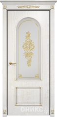 Межкомнатные двери Оникс Classic Белая эмаль патина золото Сатинат белый контурный витраж